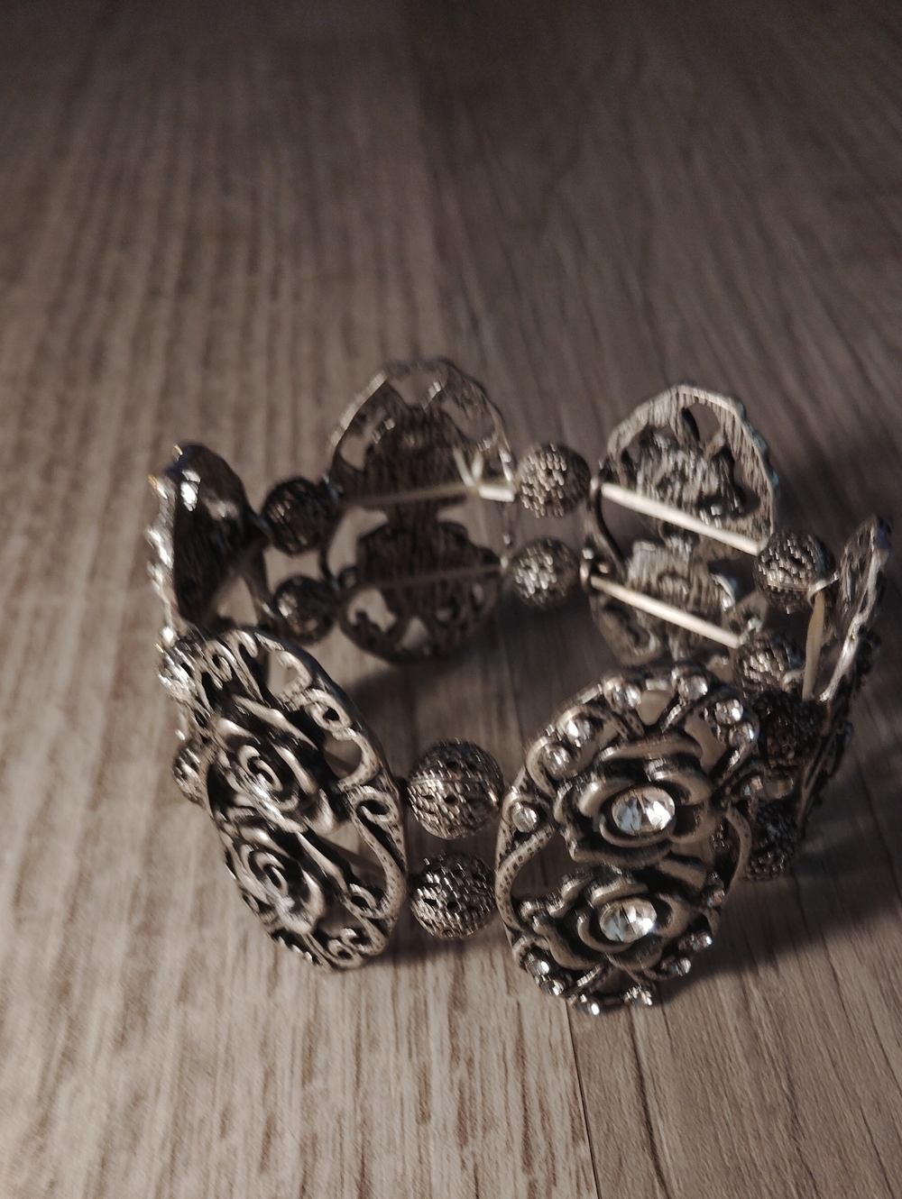 Ornate Silver-Tone Floral Crystal Stretch Bracelet - Women Jewelry